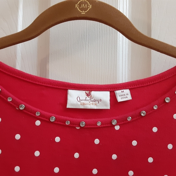 M Quacker Factory Rhinestone Embellished Red & White Polka Dot Short Sleeve Top - Picture 2 of 9